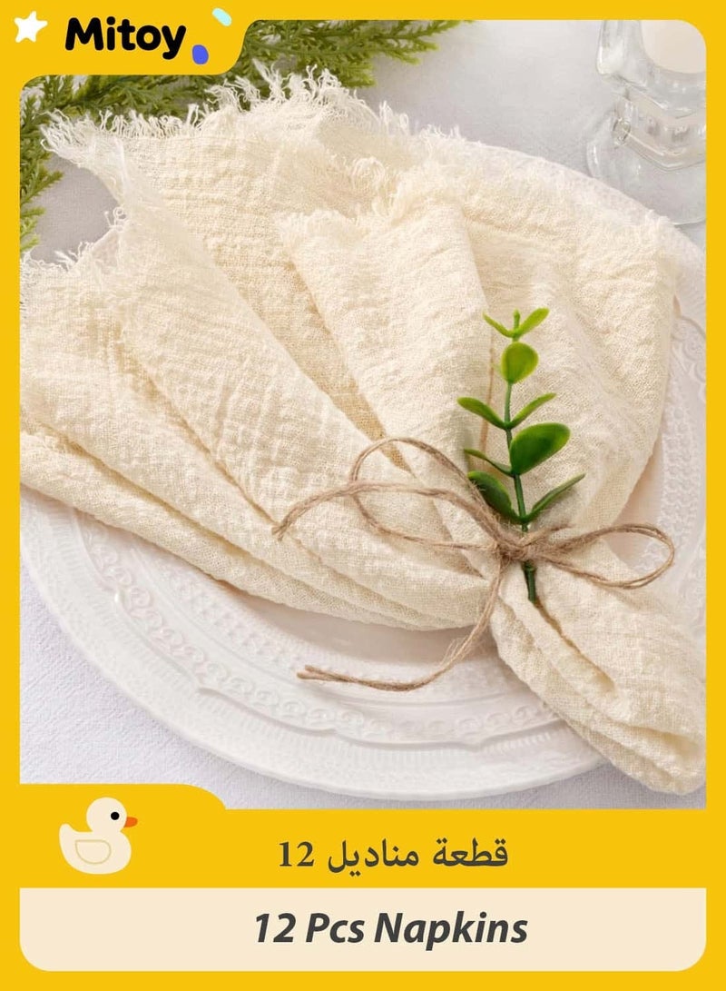 ميتوي 12 قطعة مناديل قماش من القطن والكتان ، مناديل عشاء مهدبة مصنوعة يدويا 43 * 43 سنتيمتر ، مناديل طاولة مربعة ناعمة لحفلات الزفاف والحفلات والاستخدام اليومي ، طقم مناديل زفاف بألوان بيج وريفية ومحايدة - Image 1